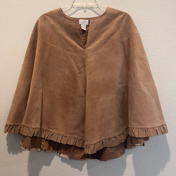 Ann Taylor LOFT Brown Suede Leather Poncho Ruffle Trim Women’s Size S - Picture 1 of 8